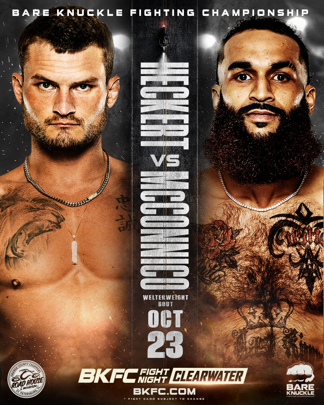 BKFC Fight Night Clearwater poster: Heckert versus McConico, welterweight bout, October 23.